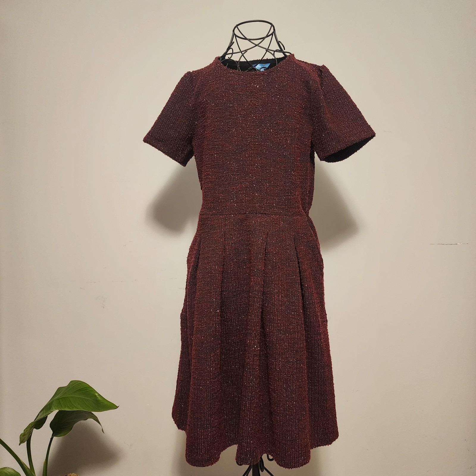 Draper James Metallic Textured Knit Short Sleeve Pocket Dress Burgundy Medium